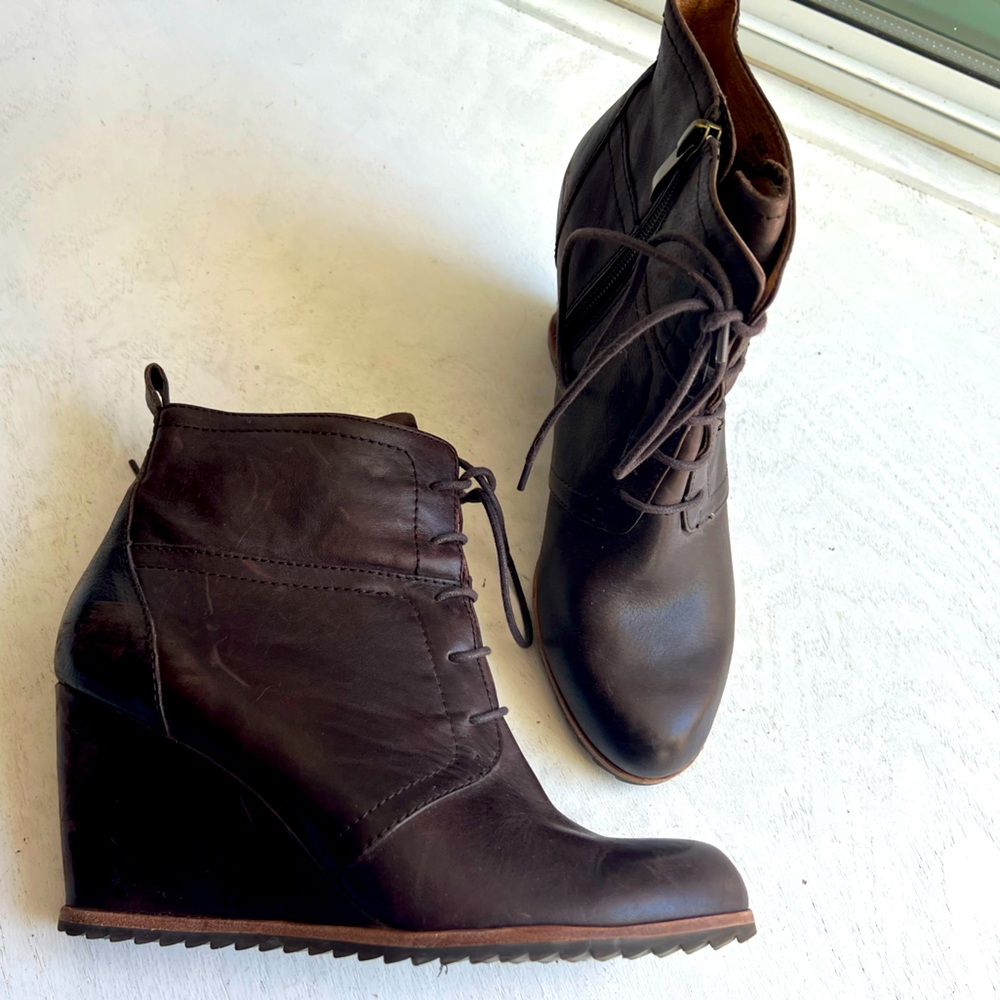 Biala leather wedge booties with laces and zipper